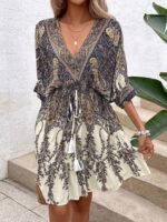 Paisley Print Batwing Sleeve Tassel Tie Front Ruffle Hem Dress - Image 2