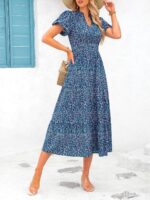 Women's V-neck Bubble Pleated Print Short Sleeve Dress - Image 9
