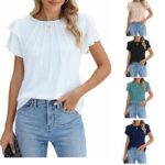 Summer Pleated Short Sleeve Round Neck Top Business Work Shirt - Image 6