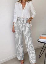 Women's Casual Long-sleeved Lapel Shirt Printed Wide-leg Pants Suit - Image 4