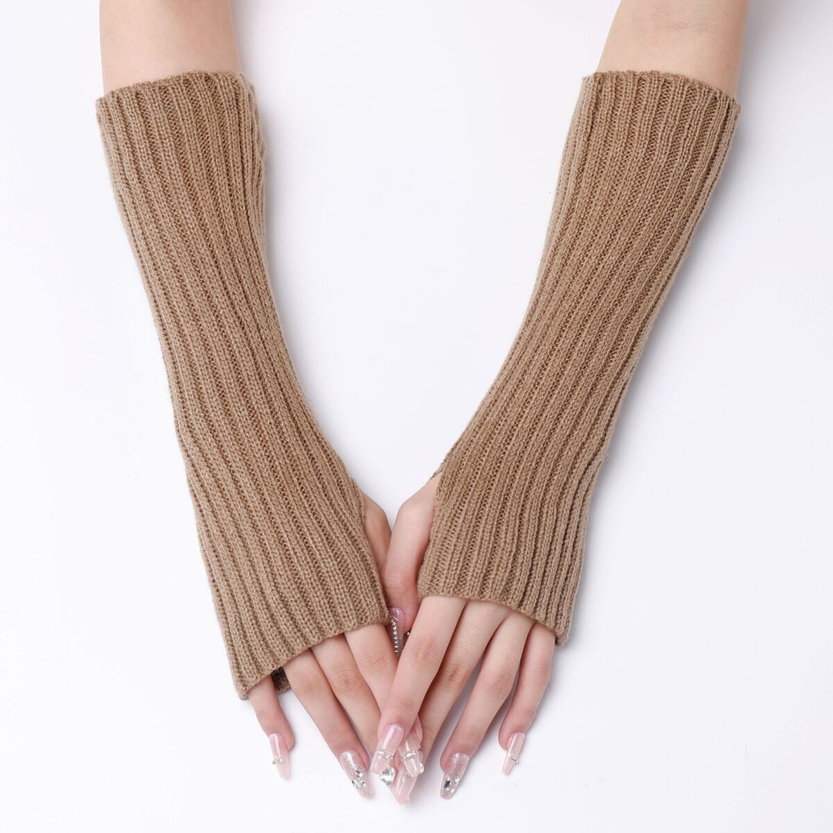 30-length Striped Gloves New Autumn And Winter Wool Sleeve Knitted Warm Fingerless Oversleeve - Image 9