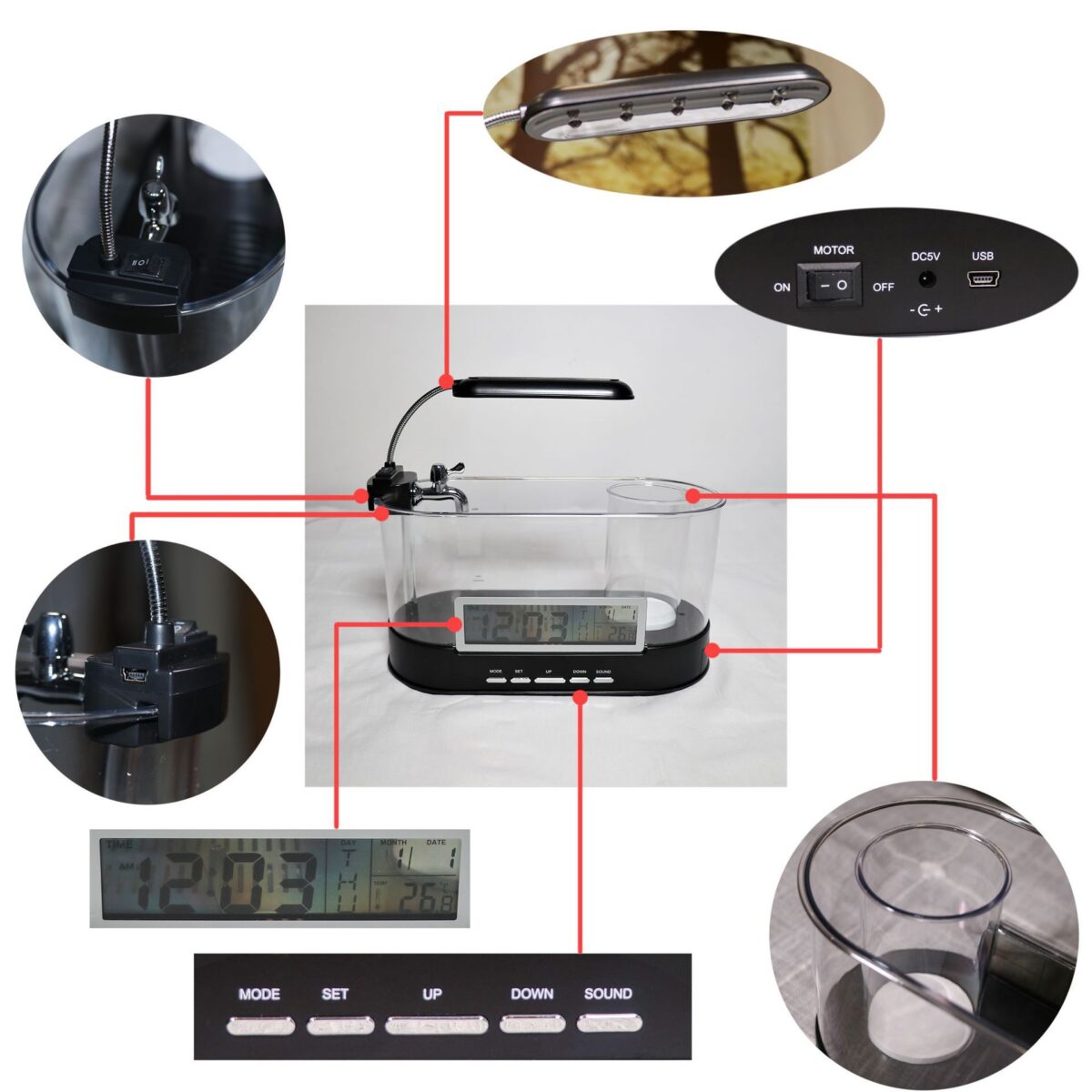 USB Desktop Streaming Mini Aquarium Time Date Week Temperature Alarm Transparent Pen Holder - Image 6