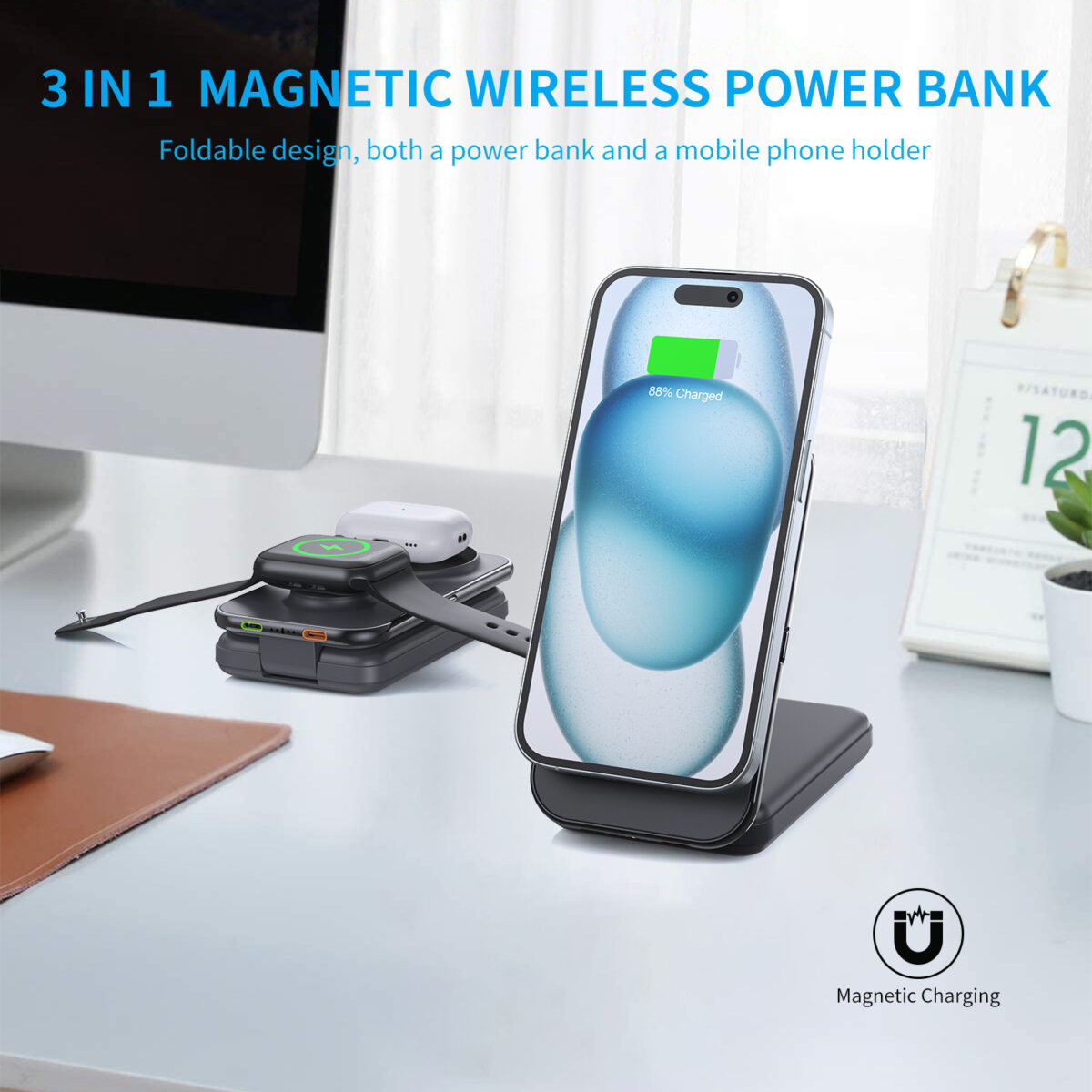 Folding With Cable 8000mAh Wireless Magnetic Power Bank - Image 1