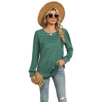 Solid Color U-neck Pleated Long-sleeved T-shirt Top For Women - Image 7