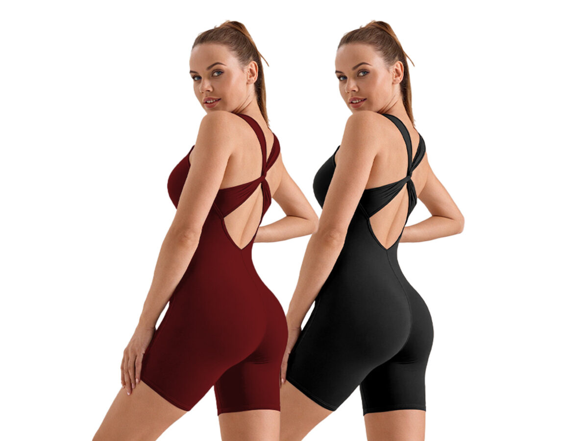 V-neck Skinny Jumpsuit With Crossover Beautiful Back Running With Chest Pad - Image 1