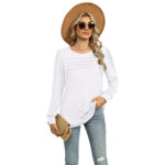 Solid Color U-neck Pleated Long-sleeved T-shirt Top For Women - Image 6