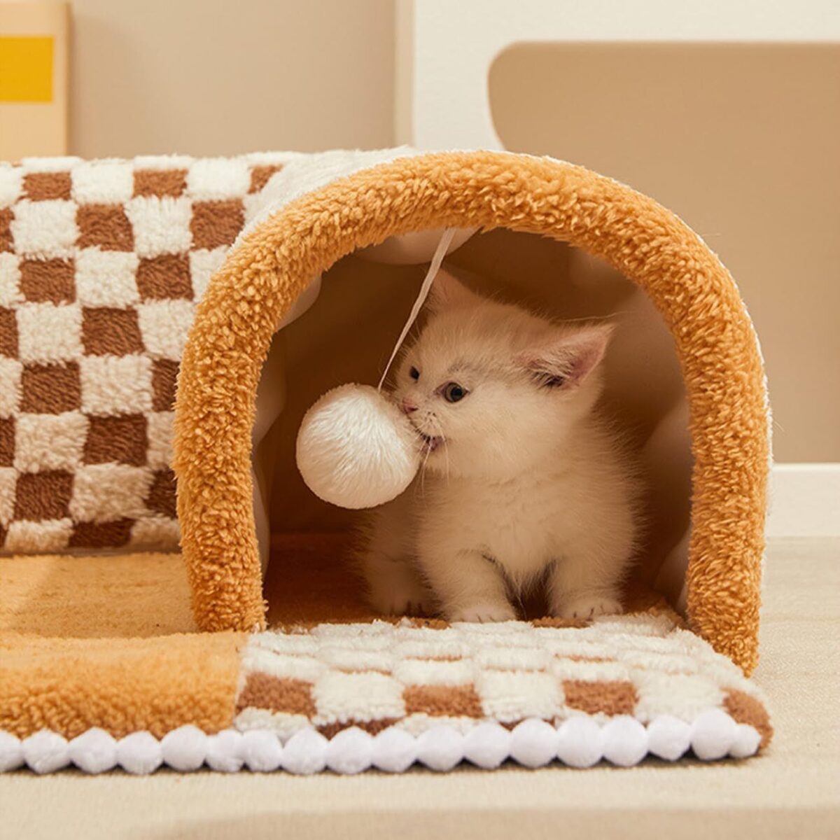2 In 1 Dog Cat Bed Tunnel Cute Fan Shaped Pet Bed Funny Plush Plaid - Image 6
