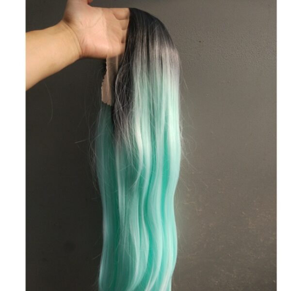 Front Lace Wig Long Straight Hair Female Middle Gradient Ombre Green Chemical Fiber Hood