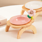 Cat Food Bowl With Wood Holder Stand Flower Shaped Ceramic Food Dish Water Bowl Cat Feeding Drinking Plates Multi Color - Image 2