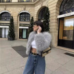 Wool Light Gray Round Neck French Artificial Fur Short Coat - Image 2