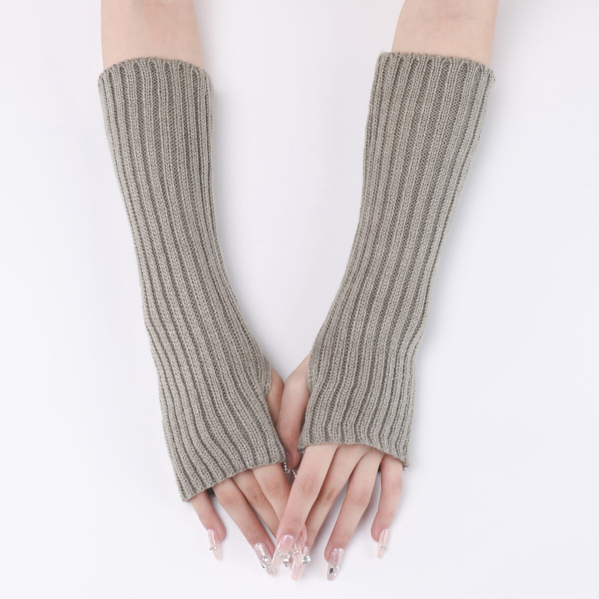 30-length Striped Gloves New Autumn And Winter Wool Sleeve Knitted Warm Fingerless Oversleeve - Image 10