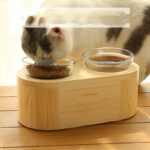 Solid wood double bowl glass cat bowl - Image 2