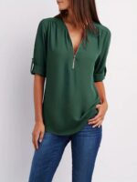 Ruched Half Zip Solid V Neck Casual Blouse, Rollable Sleeve Women's Clothing - Image 5