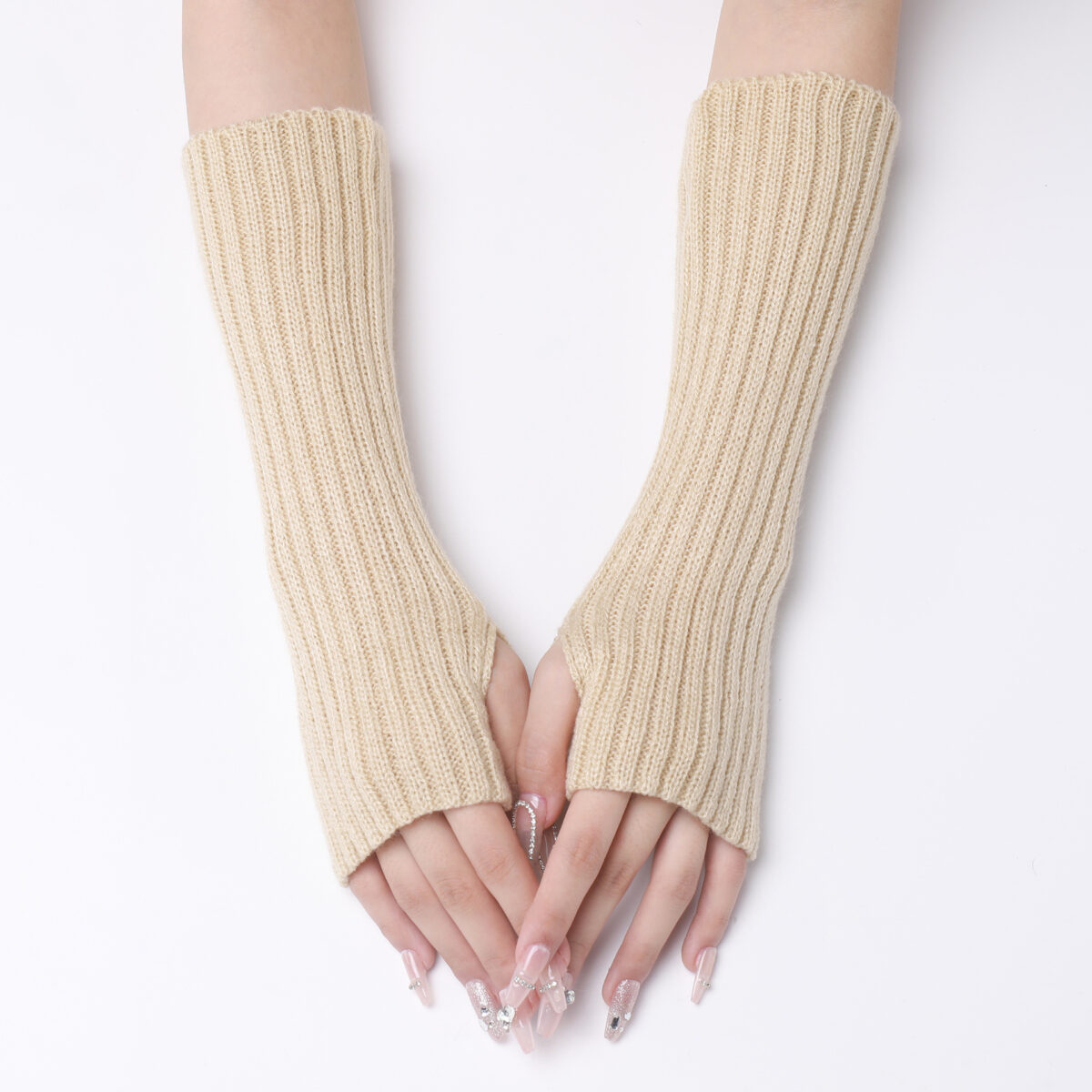 30-length Striped Gloves New Autumn And Winter Wool Sleeve Knitted Warm Fingerless Oversleeve - Image 7