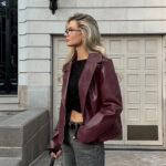 Wine Red Faux Leather Suit Collar Long Sleeve Jacket - Image 3