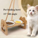 Pet Bowl Ceramic Double Bowl Wooden Stand Neck Protection Dog Cat Food Basin Height Adjustable Tilt Separate Bowls Pet Accessori - Image 3