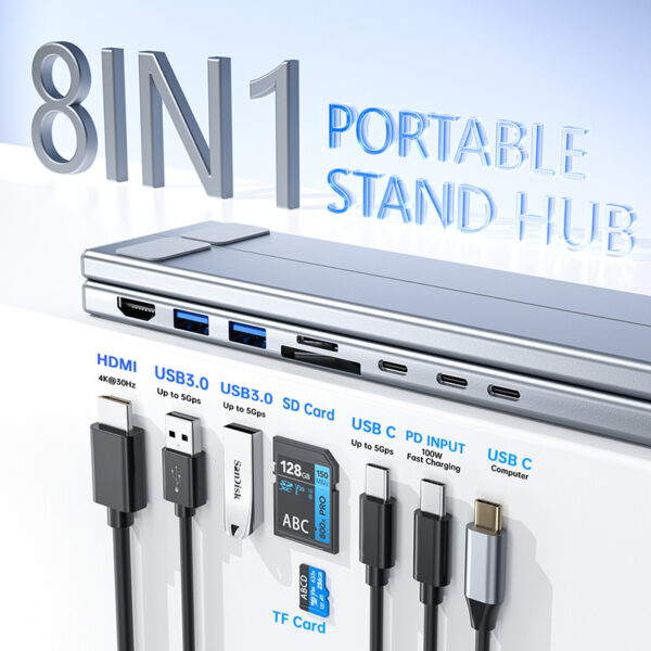 Aluminum Alloy HUB Multi-interface HDMI 8 In 1 Docking Station Laptop Stand