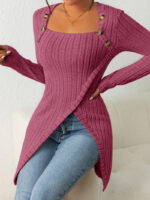 Square Collar Irregular Knitted Top With Button Design Fashion Solid Long-sleeved Long Top For Women Clothing - Image 7