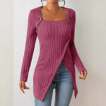 Square Collar Irregular Knitted Top With Button Design Fashion Solid Long-sleeved Long Top For Women Clothing - Image 4