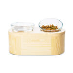 Solid wood double bowl glass cat bowl