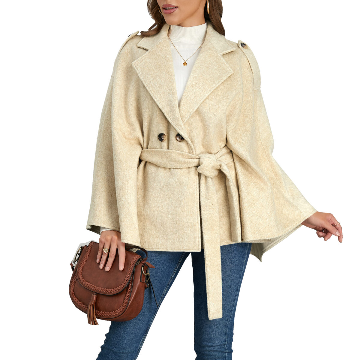 Bandage Coat Batwing Sleeve Lapel Woolen Coat - Image 2