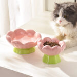 Ceramic Raised Cat Bowl Shallow Wide, Anti-Vomiting And Whisker Fatigue, Non-Slip, Tilted Cute Flower Cat Food And Water Bowls For Indoor Cats, Pink - Image 2
