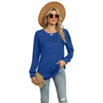 Solid Color U-neck Pleated Long-sleeved T-shirt Top For Women - Image 5