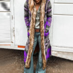 Fur Collar Long Sleeve Floral Print Trench Coat - Image 4
