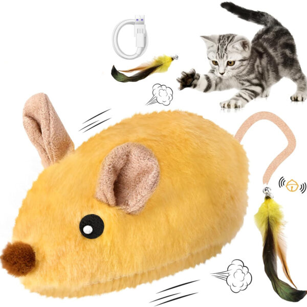Interactive Cat Toys Mouse For Indoor Cats Rechargeable LED Cat Mouse Toy Feather Bell Tail Lifelike Electric Automatic Moving Mouse Cat Toy For All Breeds Cat Boredom Exercise
