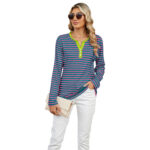 Women's V-neck Striped Loose Long-sleeved T-shirt Top - Image 5