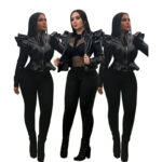 Leather Casual Women's Ruffled Leather Jacket - Image 2