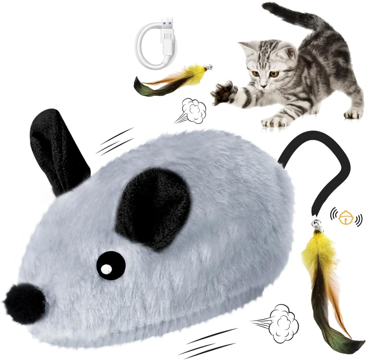 Interactive Cat Toys Mouse For Indoor Cats Rechargeable LED Cat Mouse Toy Feather Bell Tail Lifelike Electric Automatic Moving Mouse Cat Toy For All Breeds Cat Boredom Exercise - Image 9