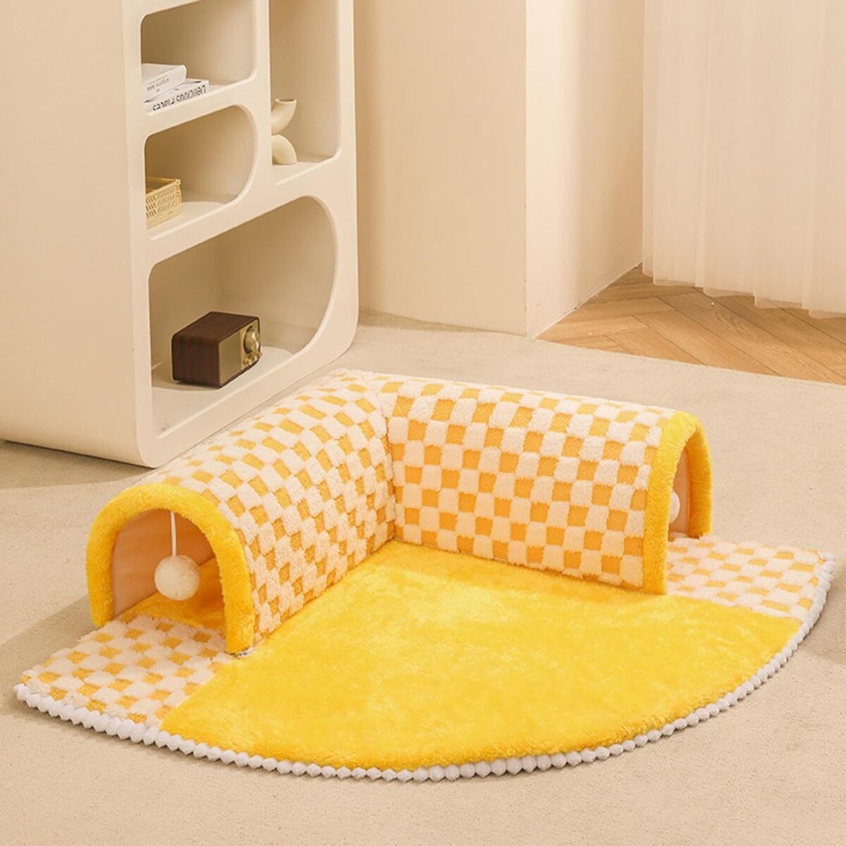 2 In 1 Dog Cat Bed Tunnel Cute Fan Shaped Pet Bed Funny Plush Plaid - Image 2