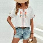White V-neck Flowers Embroider Jacket Women - Image 2