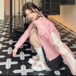 Women's Short Pink Zipper Stitching Leather Coat - Image 6
