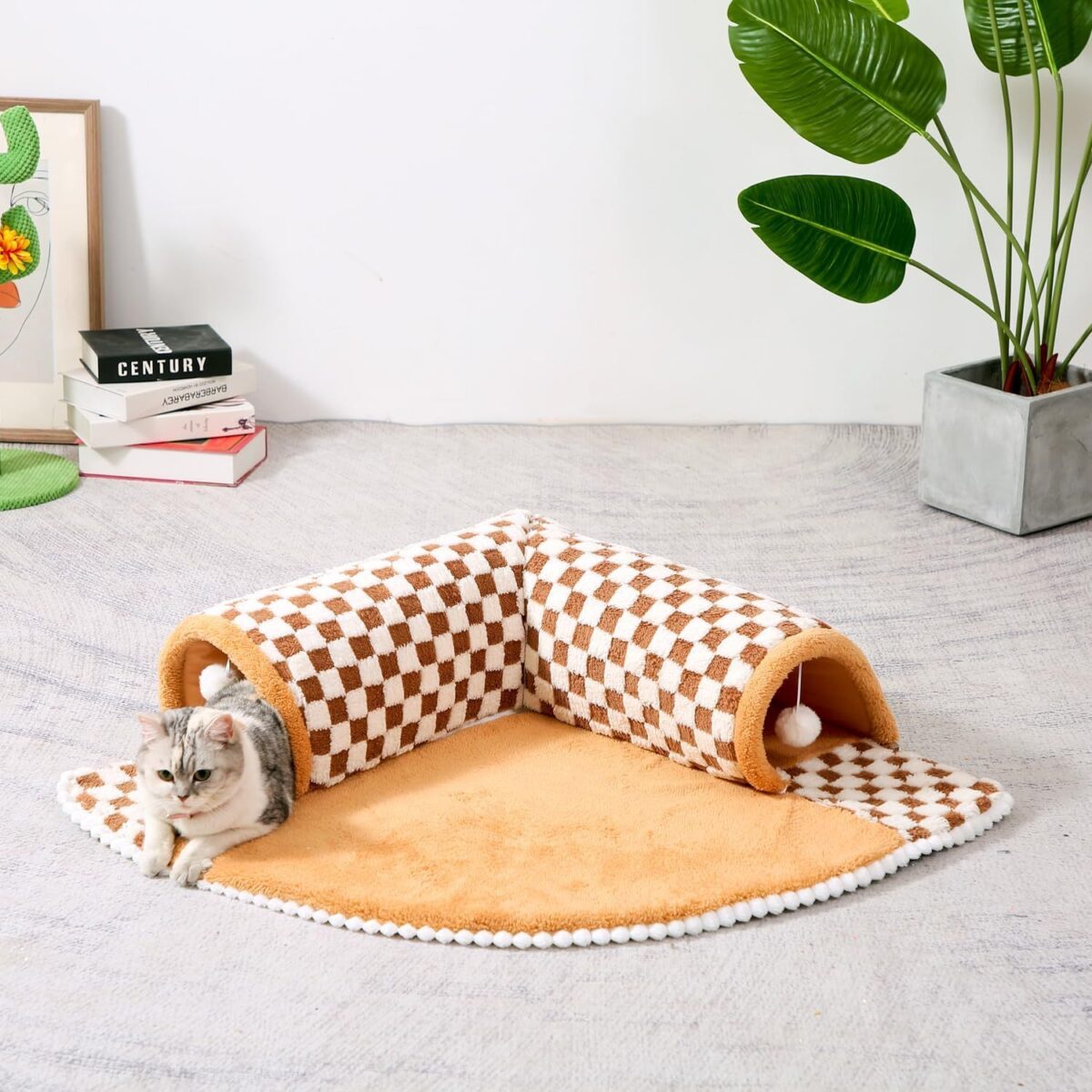 2 In 1 Dog Cat Bed Tunnel Cute Fan Shaped Pet Bed Funny Plush Plaid - Image 3