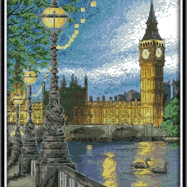 Night view of London bell tower with cross stitch