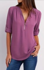 Ruched Half Zip Solid V Neck Casual Blouse, Rollable Sleeve Women's Clothing - Image 2