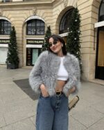 Wool Light Gray Round Neck French Artificial Fur Short Coat - Image 6