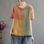 Cotton Linen Contrast Color T-shirt Artistic Design Half Sleeve Women - Image 7