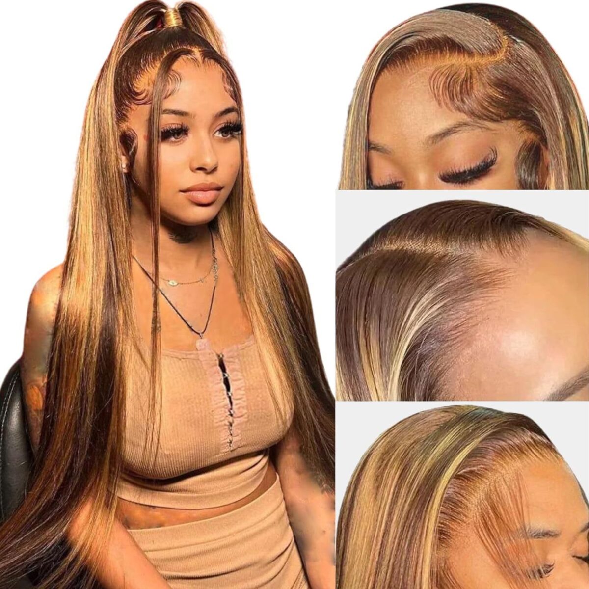 Real Human Hair Female Long Straight Hair Front Lace Wig Head Cover - Image 2