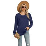 Solid Color U-neck Pleated Long-sleeved T-shirt Top For Women - Image 8
