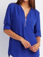 Ruched Half Zip Solid V Neck Casual Blouse, Rollable Sleeve Women's Clothing - Image 4