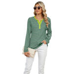 Women's V-neck Striped Loose Long-sleeved T-shirt Top - Image 9