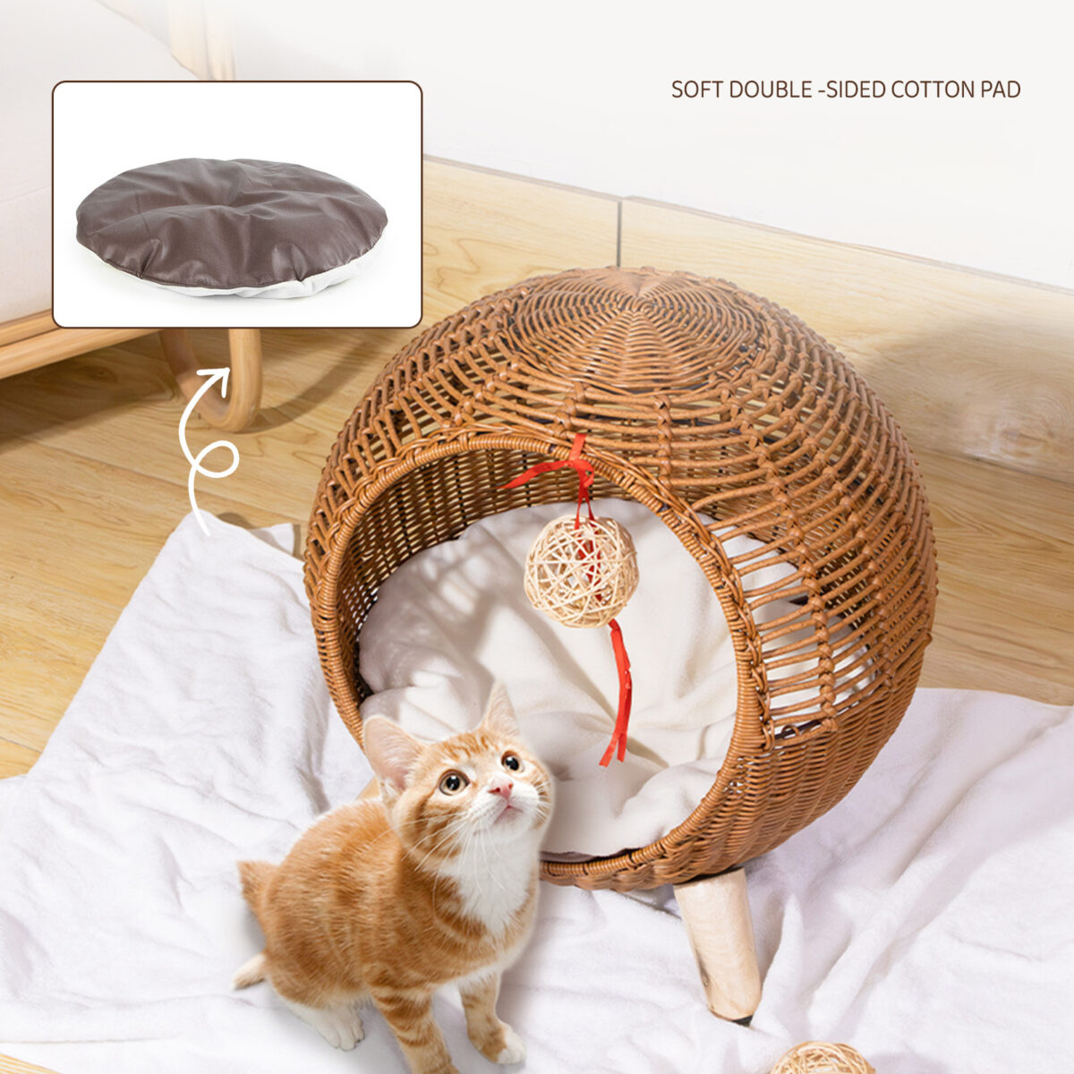 Breathable Rattan Woven Round Cat Bed PE Rattan Cat Climbing Frame Sleep Game Warm Pet Litter Cat Villa - Image 4
