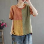 Cotton Linen Contrast Color T-shirt Artistic Design Half Sleeve Women - Image 2