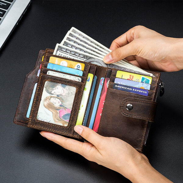 First Layer Cowhide RFID Anti-theft Swiping Leather  European And American Retro Men's Short Vertical Wallet
