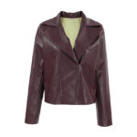 Wine Red Faux Leather Suit Collar Long Sleeve Jacket - Image 5