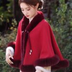 New Chinese Beige Furry Coat Cheongsam Bridal Wedding Dress Bright Beads Solid Color Knitted Plus Fluff Cloak - Image 3