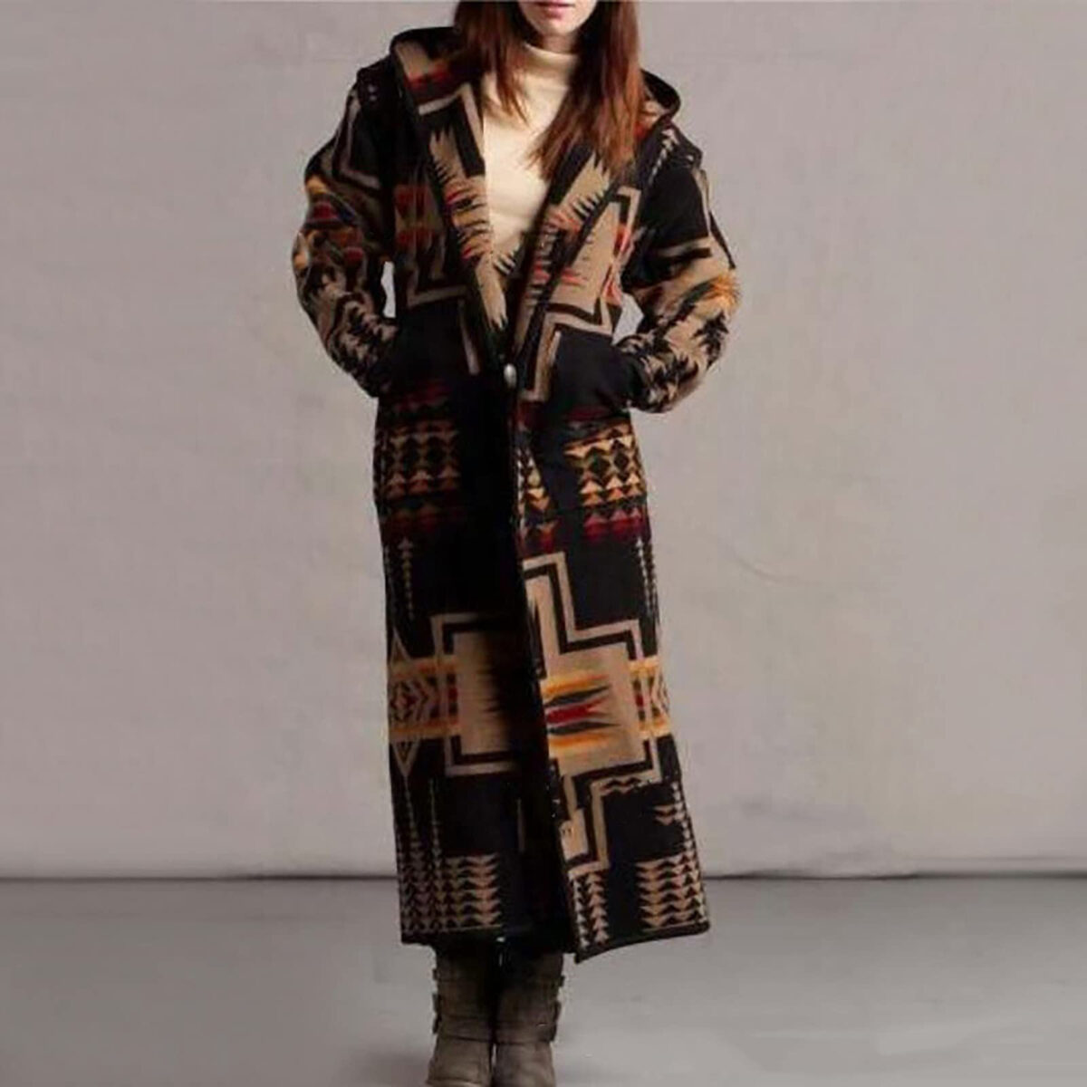 Women's Printing Pocket Long Sleeve Large Coat - Image 1
